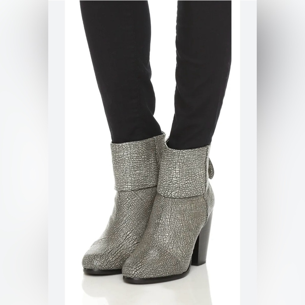 Rag & Bone Newbury Crackled Leather Stacked Black White Back Zip Ankle Boot 6 36
